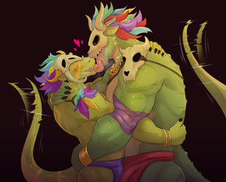 anthro black_sclera blush bone bone_mask bottomwear bracelet bulge clothing duo extreme_french_kiss french_kissing green_body hat_feather headgear headwear hug jewelry kissing loincloth long_tongue loose_feather male male/male mask muscular muscular_anthro muscular_male necklace purple_clothing red_clothing selfcest skull skull_mask square_crossover tail tail_motion tailwag tongue yellow_sclera andrefil360 terraria shimmered_witch_doctor witch_doctor_(terraria) lihzahrd lizard reptile scalie absurd_res digital_media_(artwork) hi_res
