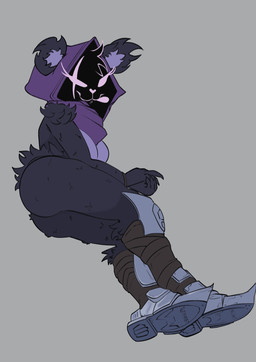 anthro arm_tuft armored_boots big_butt breasts butt empty_eyes eye_scar eyelashes facial_scar female fur grey_background hip_tuft looking_at_viewer obscured_face pink_eyes pink_nose purple_body purple_fur purple_hood scar shoulder_tuft simple_background solo thick_thighs tongue tongue_out tuft wide_hips maddestmario epic_games fortnite raven_team_leader bear mammal hi_res