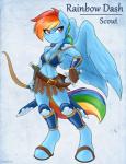 2015 absurd_res ambris anthro anthrofied blue_body blue_feathers blue_fur bow_(weapon) breasts cleavage clothed clothing equid equine feathered_wings feathers female friendship_is_magic fur hair hasbro hi_res holding_bow_(weapon) holding_melee_weapon holding_object holding_ranged_weapon holding_sword holding_weapon mammal melee_weapon multicolored_hair multicolored_tail my_little_pony mythological_creature mythological_equine mythology navel pegasus pink_eyes rainbow_dash_(mlp) rainbow_hair rainbow_tail ranged_weapon smile solo sword tail weapon wings