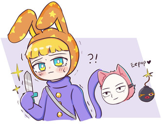 anthro bangs bent_arm blonde_hair blue_eyes blush blush_lines bodily_fluids bodysuit bomb button_(fastener) cheek_tuft clothed clothed_male clothing exclamation_point explosives eyelashes facial_tuft fake_tail female green_eyes group hair hat headgear headwear heart_symbol holding_knife holding_object knife light lips looking_at_viewer male male_human multicolored_eyes nervous nervous_sweat not_furry_focus one_eye_closed orange_clothing orange_eyelashes orange_hat orange_headwear pupils purple_bodysuit purple_clothing purple_skinsuit purple_tail question_mark red_lips shaking simple_background skinsuit solo_focus sweat tail tan_body tan_skin text thin_eyebrows tight_clothing trapezoid trembling trio tuft two_tone_eyes white_mask white_pupils wink winking_at_viewer peypey_mei1925 popee_the_performer kedamono_(popee_the_performer) popee_(popee_the_performer) canid canine canis human living_bomb mammal wolf 2025 colored digital_drawing_(artwork) digital_media_(artwork) lighting shaded