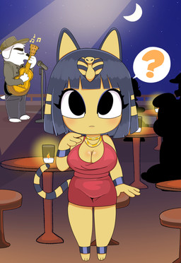 acoustic_guitar anthro breasts candle cleavage clothed clothing dress female female_anthro furniture group guitar jewelry looking_at_viewer male musical_instrument musical_note musical_symbol necklace plucked_string_instrument question_mark solo_focus string_instrument symbol table thick_thighs uraeus onibi animal_crossing nintendo ankha_(animal_crossing) k.k._slider canid canine canis domestic_cat domestic_dog felid feline felis mammal absurd_res digital_drawing_(artwork) digital_media_(artwork) hi_res