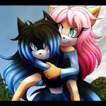 anthro bangs black_bars black_body black_fur black_nose blue_eyes duo female fluffy fur hair hug jewelry long_hair necklace pink_hair scar yellow_body yellow_fur panrill vrisrezi-4138 1:1 absurd_res hi_res letterbox