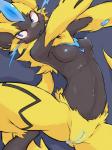 anthro black_body black_fur black_skin blue_eyes blue_nipples breasts female fur genitals innie_pussy kemono multicolored_body multicolored_fur nipples nude pussy solo yellow_body yellow_fur tokumori_kaisen nintendo pokemon felid generation_7_pokemon legendary_pokemon mammal pokemon_(species) zeraora 2018 3:4