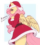 anthro christmas_clothing christmas_headwear clothing commando embarrassed female hair hat headgear headwear holidays lingerie pink_hair rear_view santa_dress santa_hat simple_background solo wings yellow_body yellow_skin alphadesu christmas friendship_is_magic hasbro my_little_pony mythology fluttershy_(mlp) equid equine horse mammal mythological_creature mythological_equine pegasus pony