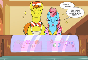 apron blush blush_lines bow_tie cake candy carrot_cake clothing dessert dialogue doughnut duo ear_piercing ear_ring eyelashes female feral food freckled_face freckles glistening_eyelids imminent_sex jewelry lollipop long_eyelashes male male/female male/male part pastry piercing ring_piercing smile sparkles store text denzeltip friendship_is_magic hasbro my_little_pony mr._cake_(mlp) mrs._cake_(mlp) equid equine horse mammal pony absurd_res english_text hi_res