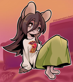 3_toes 5_fingers anthro bangs barefoot bed black_eyebrows black_nose blush blush_lines bottomwear brown_eyes brown_hair clothed clothed_anthro clothed_female clothing eyebrows eyelashes eyelashes_through_hair feet female female_anthro fingers fully_clothed fully_clothed_anthro fully_clothed_female furniture gradient_background green_bottomwear green_clothing green_skirt hair hand_on_own_face light long_hair on_bed outline oversized_clothing oversized_shirt oversized_topwear pillow pupils purple_pillow shirt simple_background sitting sitting_on_bed skirt small_nose smile smiling_at_viewer solo text text_on_clothing text_on_shirt text_on_topwear toes topwear translucent translucent_hair white_clothing white_outline white_pupils white_shirt white_topwear dreamknightjang mammal mouse murid murine rodent 2025 absurd_res artist_name colored digital_drawing_(artwork) digital_media_(artwork) english_description english_text hi_res lighting shaded signature