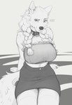 anthro arm_tuft big_breasts bottomwear braided_hair breasts cheek_tuft cleavage clothed clothing collar crop_top ear_piercing facial_tuft female fluffy fluffy_tail fur hair huge_breasts inner_ear_fluff leaning leaning_backward leaning_on_hands looking_at_viewer miniskirt piercing shirt shoulder_tuft sitting skirt smile smiling_at_viewer smirk smirking_at_viewer solo tail thick_thighs topwear tuft white_body white_fur o.z.y. xara_(o.z.y.) canid canine mammal hi_res