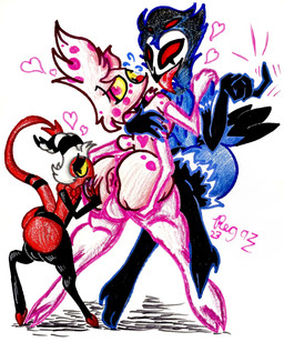 4_arms 4_eyes anthro anus beak beckoning big_butt blue_body blue_feathers bodily_fluids bow_tie bulge butt clothing feathers feet fluffy fluffy_chest footwear gesture glistening glistening_clothing gold_(metal) gold_tooth group hair heart_symbol high_heels hooves horn hug licking male male/male multi_arm multi_eye multi_limb panties pink_body pink_clothing pink_hair puffy_anus saliva saliva_string sharp_teeth shoes stripes tail tail_feathers talons teeth toes tongue tongue_out trio underwear yellow_sclera pervnamedregazz hazbin_hotel hellaverse helluva_boss angel_dust moxxie_(helluva_boss) stolas_(helluva_boss) animal_humanoid arachnid arachnid_humanoid arthropod arthropod_humanoid demon humanoid imp owl_demon spider_humanoid absurd_res hi_res traditional_media_(artwork)