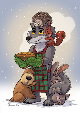 apron black_nose brown_body brown_fur clothing fur grey_body grey_fur group group_hug hug hugging_another male multicolored_body multicolored_fur orange_sclera two_tone_body two_tone_fur saran_kit intermarche_unloved the_first_wolf_(unloved) canid canine canis eulipotyphlan hedgehog lagomorph leporid mammal rabbit rodent sciurid tree_squirrel wolf 2025 hi_res signature