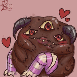 2_mouths 3_arms 3_eyes ambiguous_gender blush blushing_at_viewer blushing_profusely claws clothing curved_horn detailed_eyes eyebrows eyelashes fangs full_lips glistening glistening_eyes heart_symbol horn legwear legwear_only lip_gloss lips lipstick logo looking_at_viewer makeup male multi_arm multi_eye multi_limb multi_mouth naturally_censored overweight overweight_male red_lipstick simple_background sitting skindentation sparkles sparkling_eyes teeth thick_lips thick_thighs thigh_highs warts nacurenyzernomex mewgenics tormentor_(mewgenics) demon eldritch_abomination eldritch_being monster 1:1 artist_logo signature male_(lore)