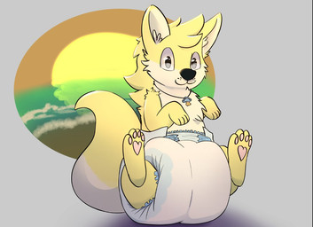 4_fingers 4_toes ambiguous_gender anthro big_diaper black_nose blue_pacifier clean_diaper clothed clothing diaper diaper_only feet fingers fur head_tuft huge_diaper inner_ear_fluff multicolored_body multicolored_fur pacifier pawpads pink_pawpads simple_background sitting smile solo tail three-quarter_view toes topless tuft two_tone_body two_tone_fur two_tone_tail wearing_diaper whisker_spots white_body white_diaper white_fur white_inner_ear white_inner_ear_fluff white_tail yellow_body yellow_fur yellow_tail poofypowderbutt fang29_(character) canid canine canis domestic_dog hybrid kangaroo macropod mammal marsupial full-length_portrait portrait