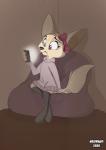 anthro bean_bag black_nose brown_eyes cellphone clothing electronics female fur holding_cellphone holding_object holding_phone inside light phone sitting solo sweater tan_body tan_fur topwear meowmavi aggretsuko sanrio fenneko canid canine fennec_fox fox mammal true_fox 2020 absurd_res hi_res lighting