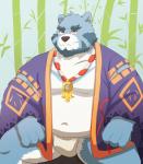 anthro asian_clothing belly biped blue_body blue_fur bulge clothing east_asian_clothing fundoshi fur humanoid_hands japanese_clothing male moobs navel overweight overweight_anthro overweight_male robe sitting solo underwear white_body white_fur dasoowolf bonasiah full_attack sophring_jie bear mammal 2019 absurd_res hi_res