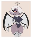 black_eyeliner black_eyeshadow clothing eyebrows eyeliner eyeshadow feathered_wings feathers female grey_body grey_skin hair halo legwear makeup red_sclera solo thick_thighs thigh_highs white_hair wide_hips wings nelljoestar hazbin_hotel vaggie_(hazbin_hotel) angel angel_humanoid humanoid hi_res