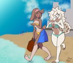 anthro beach bikini clothing dipstick_ears duo ear_markings female fluffy fluffy_hair fluffy_tail hair long_hair multicolored_ears ponytail_ears seaside slim swimwear tail two-piece_swimsuit artgalanesh lagomorph leporid mammal rabbit hi_res signature