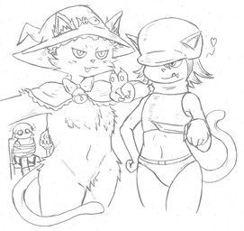 anthro bell cheek_tuft clothing dagger facial_tuft female flat_chested front_view gesture group hand_gesture hat headgear headwear holding_dagger holding_melee_weapon holding_object holding_weapon male melee_weapon navel pawpads pupils simple_background slit_pupils thick_thighs tongue tongue_out trio tuft v_sign weapon white_background wide_hips witch_hat ringo-0 forest_of_the_blue_skin animal_humanoid cat_humanoid domestic_cat felid felid_humanoid feline feline_humanoid felis human humanoid mammal mammal_humanoid monochrome
