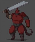 anthro armor balls black_body black_fur black_nose broadsword buster_sword claws clothed clothing fur genitals greatsword grey_background headgear helmet humanoid_genitalia humanoid_penis long_tail looking_at_viewer male melee_weapon multicolored_body muscular muscular_anthro muscular_male navel partially_clothed penis raised_arm red_eyes simple_background solo spikes standing sword tail teeth two_handed_sword two_handed_weapon weapon wolfarion warhammer_(franchise) warhammer_fantasy stormvermin mammal murid murine rat rodent skaven 2021 artist_name colored hi_res shaded