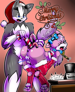 accessory anal anal_fluids anal_penetration angry anthro armwear biped black_nose blue_collar blue_eyes bodily_fluids bow_(feature) bow_accessory bow_ribbon butt candy candy_cane christmas_clothing christmas_headwear clitoris clothing collar collar_tag dessert digitigrade discipline duo eyelashes fangs feet female food fur genital_fluids genitals gloves_(marking) grey_body grey_ears grey_fur hair_accessory hair_bow hair_ribbon hat headgear headwear hindpaw holidays improvised_sex_toy legwear looking_pleasured male male/female markings mostly_nude motion_lines multicolored_body multicolored_clothing multicolored_fur navel one_eye_closed open_mouth orgasm pawpads paws penetration pink_body pink_ears pink_fur pink_nose punishment purple_body purple_fur purple_pawpads purple_tail red_armwear red_clothing red_hat red_headwear red_legwear red_tongue ribbons santa_hat sex sex_toy simple_background tail tail_grab teeth text tongue tongue_out toying_partner two_tone_body two_tone_clothing two_tone_fur vaginal_fluids vulva white_body white_fur white_vulva kitt_kitan_(artist) christmas kitt_kitan_(character) canid canine canis domestic_cat domestic_dog felid feline felis mammal 2017 absurd_res digital_media_(artwork) english_text hi_res