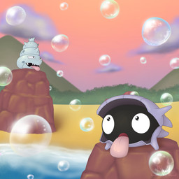 ambiguous_gender beach black_eyes bubble feral grey_body purple_body shell sunset tongue tongue_out jm-luxro nintendo pokemon pokemon_mystery_dungeon spike_chunsoft generation_1_pokemon pokemon_(species) shellder shellder_(slowbro) 1:1 absurd_res hi_res