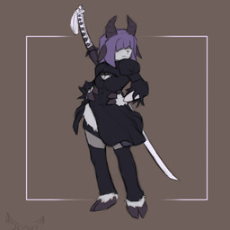 anthro clothed clothing cosplay female fur hair horn purple_body purple_fur purple_hair solo standing selfoxt nier_automata platinumgames 2b purple_the_goat(g54) yorha_2b bovid caprine goat mammal hi_res