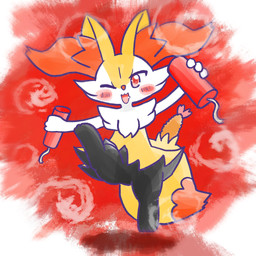 ambiguous_anthro ambiguous_gender anthro biped blush blush_stickers bodily_fluids digitigrade dipstick_tail drooling dynamite explosives featureless_crotch food front_view holding_dynamite looking_at_viewer markings object_in_tail one_eye_closed open_:3 open_mouth open_smile running saliva shrimp_(food) simple_background smile solo spiral spiral_pupils standing tail tail_markings wink winking_at_viewer annyui0611 nintendo pokemon braixen canid generation_6_pokemon mammal pokemon_(species) 1:1 2024 digital_drawing_(artwork) digital_media_(artwork) full-length_portrait hi_res japanese_description portrait translated_description