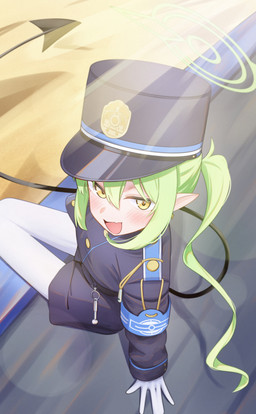 blue_bottomwear blue_clothing blue_hat blue_headwear blue_shirt blue_shorts blue_topwear blush bottomwear clothing cute_fangs ear_piercing ear_ring fangs female gloves green_hair hair hair_between_eyes halo handwear hat headgear headwear legwear long_hair open_mouth pantyhose piercing pointy_ears prick_ears ring_piercing shirt shorts sitting tail teeth topwear whistle_(object) white_clothing white_gloves white_handwear white_legwear white_pantyhose yellow_eyes young young_female young_humanoid sainarohh blue_archive nexon nozomi_(blue_archive) demon demon_humanoid humanoid tailed_humanoid absurd_res hi_res
