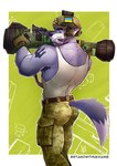 abstract_background anthro arm_tattoo armor armpit_hair back_muscles belt belt_buckle biped blue_body blue_eyes blue_fur blue_nose body_hair broad_shoulders brown_belt buckle butt butt_pose cigar cigar_in_mouth clothing coat_of_arms combat_helmet dipstick_tail ear_protection eyebrows fur furgonomics grin hashtag headgear helmet holding_object javelin_(weapon) khaki_pants looking_back male markings military military_uniform multicolored_body multicolored_fur muscular muscular_anthro muscular_male nlaw object_in_mouth politics pose ranged_weapon rocket_launcher shirt smile soldier solo tactical_gloves tail tail_markings tank_top tattoo text three-quarter_view topwear torn_clothing tryzub two_tone_body two_tone_fur ukraine ukrainian_flag uniform warrior weapon weapon_on_shoulder white_body white_clothing white_fur white_shirt white_tail_tip white_tank_top white_topwear dimtarius russo-ukrainian_war canid canine canis mammal wolf english_text hi_res