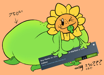 big_butt bodily_fluids butt date directional_arrow eyelashes female flower freckled_butt freckled_face freckles green_body green_skin green_tongue huge_butt hyper hyper_butt leaf leaf_arms leaning leaning_forward legless looking_at_viewer no_eyebrows noseless one_eye_closed orange_background orange_face overweight overweight_female plant question_mark sale saliva saliva_on_tongue simple_background smile smiling_at_viewer solo stated_weight sunflower text tongue tongue_out octoguy electronic_arts plants_vs._zombies popcap_games steam_(software) valve elemental_creature flora_fauna flower_creature sunflower_(pvz) 2022 digital_drawing_(artwork) digital_media_(artwork) english_description english_text flat_colors hi_res