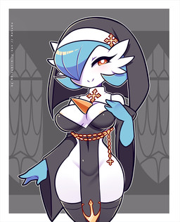 alternative_fashion areola big_breasts blue_hair breasts chain chest_spike clothed clothing cross female gold_(metal) gold_chain goth hair hat headgear headwear legwear not_furry nun red_eyes skimpy smile solo spikes spikes_(anatomy) standing stockings white_body wide_hipped_female wide_hips re-sublimity-kun nintendo pokemon fan_character gardevoir generation_3_pokemon humanoid pokemon_(species) shiny_pokemon dark_theme digital_media_(artwork) portrait shaded signature