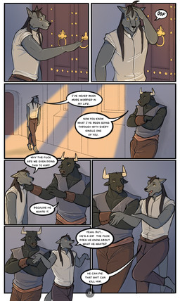 anthro bottomwear clothed clothing crossed_arms dialogue duo eyes_closed fur hair male open_mouth pants profanity smile speech_bubble standing tail teeth text topwear thehades hades_(thehades) tristan_(thehades) bovid bovine canid canine canis cattle mammal wolf comic digital_media_(artwork) english_text hi_res