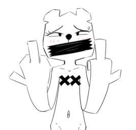 anthro blush blush_lines female gag gesture hand_gesture middle_finger navel pasties solo tape tape_gag taped_mouth young young_anthro smeet_(artist) cartoon_network the_amazing_world_of_gumball teri_(tawog) bear mammal paper_creature monochrome