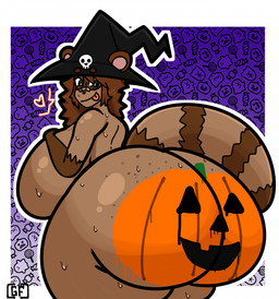 anthro band-aid bandage big_breasts big_butt blue_background bodily_fluids bodypaint bone border breasts brown_body brown_fur brown_hair bubble_butt butt butt_focus clothing curvy_figure female freckled_butt freckles fur glistening glistening_breasts glistening_butt glistening_hair glistening_shoulders gradient_background hair hat hat_only head_turned headgear headgear_only headwear headwear_only heart_symbol holidays huge_breasts huge_butt huge_thighs jack-o'-lantern logo long_hair looking_at_butt looking_at_own_butt looking_back markings mostly_nude nude nude_anthro nude_female paint_on_butt pattern_background pumpkin_butt rear_view seductive side_boob simple_background skull skull_accessory solo striped_markings striped_tail stripes sweat tail tail_markings thick_thighs tongue tongue_out voluptuous voluptuous_anthro voluptuous_female white_border wide_hipped_anthro wide_hipped_female wide_hips witch_hat witch_hat_only ghostfuckrr halloween panko_(ghostfuckrr) canid canine mammal raccoon_dog tanuki 2024 artist_logo colored digital_drawing_(artwork) digital_media_(artwork) hi_res