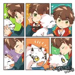 anthro brown_hair clothing duo green_eyes grin hair heart_symbol hoodie kerchief kissing kissing_cheek kissing_forehead male male/male smile topwear yellow_eyes radiospeed14 bandai_namco digimon digimon_ghost_game hiro_amanokawa digimon_(species) gammamon human mammal 1:1 hi_res