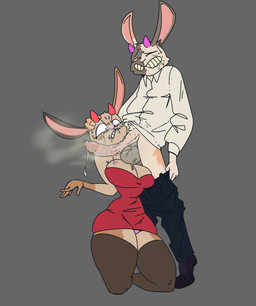 angry annoyed anthro balls big_penis bodily_fluids bottomwear bottomwear_down breasts cleavage clenched_teeth clothed clothing collared_shirt dress dress_shirt duo female fur genitals hand_on_head horn humanoid_genitalia humanoid_penis kneeling legwear male male/female one_eye_closed panties pants pants_down partially_clothed penis pink_clothing pink_panties pink_underwear shirt standing standing_on_toes stockings tan_body tan_fur teeth topwear underwear bigbun_3 bun-e bec_the_rabbit lagomorph leporid mammal rabbit absurd_res hi_res