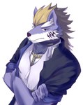 anthro blue_eyes clothing crossed_arms fur hair inner_ear_fluff male simple_background solo topwear tuft unimpressed white_background e_convenient lifewonders tokyo_afterschool_summoners fenrir_(tas) canid canine canis mammal wolf 2021 hi_res