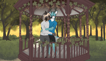 anthro antlers architecture black_bottomwear black_clothing black_nose black_pants blue_body blue_fur bottomwear brown_body brown_fur clothed clothing duo fluffy fluffy_tail forest fully_clothed fur garland gazebo grass grey_bottomwear grey_clothing grey_pants horn hug longsleeve love male male/male multicolored_body multicolored_fur pants pattern_bottomwear pattern_clothing pattern_pants plant romantic romantic_couple scut_tail shirt short_tail shy smile standing string_lights striped_body striped_bottomwear striped_clothing striped_fur striped_pants stripes tail topwear tree vines yellow_body yellow_fur yoga_pants drunkmagpie deer hyena mammal striped_hyena digital_media_(artwork) hi_res