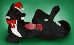 balls black_body black_claws black_fur black_nose black_pawpads bow_ribbon claws clothing erection feral fur genitals gradient_penis grey_balls grey_body grey_fur grin hat headgear headwear knot looking_at_viewer lying male on_side pawpads penis pink_penis presenting presenting_balls presenting_penis red_clothing red_hat red_headwear red_penis simple_background smile solo white_body white_fur yellow_eyes killthe_demon echo_(wolffylegend) canid canine mammal hi_res