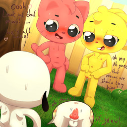 age_difference animal_genitalia animal_penis anthro aroused backyard balls blush bodily_fluids canine_genitalia canine_penis casual_nudity clitoris dialogue erection female fence flat_chested fur genital_fluids genitals group knot male nervous nervous_sweat nipples nude penis pink_body pink_fur plant presenting presenting_vulva small_penis staring_at_penis sweat text tree trio vaginal_fluids vulva white_body white_fur yellow_body yellow_fur young young_anthro young_female young_male polygon5 playkids kate_(playkids) lupi_(playkids) mimi_(playkids) canid canine canis domestic_cat domestic_dog felid feline felis lagomorph leporid mammal rabbit 1:1 absurd_res english_text hi_res