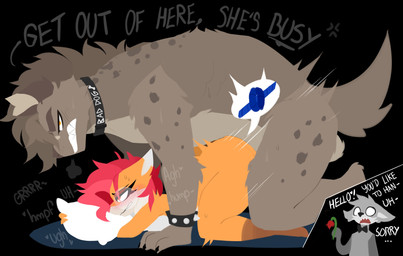 ambiguous_penetration anthro anthro_on_anthro anthro_penetrated anthro_penetrating anthro_penetrating_anthro balls big_butt black_bow_tie black_collar bow_tie breasts brown_body brown_fur butt clenched_teeth collar cuckold cuckold_pov doggystyle duo_focus female female_penetrated forced from_behind_position frown fur genitals grey_balls grey_body grey_fur grey_spots group hug hugging_object hugging_pillow infidelity knotting larger_anthro larger_male leg_markings looking_at_viewer male male/female male_penetrating male_penetrating_female markings mostly_nude orange_body orange_fur penetration pillow red_body red_fur sex sharp_teeth side_view size_difference smaller_anthro smaller_female smaller_penetrated socks_(marking) spots spotted_body spotted_fur talking_to_viewer teeth thick_thighs trio evilpala zerlix_fox_(character) zkarleth_(zerlix_fox) canid canine canis domestic_dog fox hyena mammal red_fox spotted_hyena true_fox hi_res