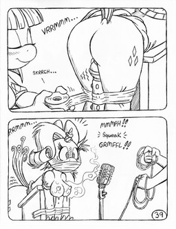 anthro arms_tied backstage bdsm blush blush_lines bound breasts burning_sensation butt cloth_gag clothed clothed_anthro clothed_female clothing cutie_mark duct_tape duo electronics exposed_breasts eyelashes female female/female fully_clothed fully_clothed_anthro fully_clothed_female gag gagged genitals haircut horn horn_jewelry horn_ring inhibitor_ring jewelry legs_tied magic_inhibitor magic_suppression microphone microphone_stand microphone_wire muffled_screaming muffled_speech muffling otm_gag partially_clothed_anthro partially_clothed_female penetration podium ring ring_(jewelry) sex_toy sex_toy_in_vagina sex_toy_insertion shirt tail tape tape_gag topwear torn_clothing torn_shirt torn_topwear unicorn_horn vaginal vaginal_penetration vibrator vibrator_in_vagina vulva wand_vibrator worried worried_face worried_look circe_(artist) friendship_is_magic hasbro my_little_pony mythology blue_nile_(mlp) rarity_(mlp) earth_pony equid equine horse mammal mythological_creature mythological_equine pony unicorn comic monochrome