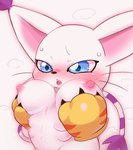 6_breasts anthro big_breasts blue_eyes blush bodily_fluids breasts breath female fur holding_breast multi_breast nipples open_mouth panting semi-anthro short_stack simple_background solo steam steam_breath sweat under_boob white_background white_body white_fur badwingm bandai_namco digimon digimon_(species) felid feline gatomon mammal hi_res