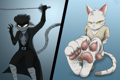 ankles_tied anthro belt bottomwear bound clothing curling_toes feet female foot_fetish foot_focus frilly fur gloves glowing glowing_eyes handwear hat headgear headwear jacket melee_weapon pawpads pink_pawpads shirt shorts solo spread_toes sword tail toes topwear torn_clothing torn_shirt torn_topwear weapon white_body white_fur wrinkled_feet wrinkles yellow_sclera a9ymus domestic_cat felid feline felis mammal 2026 absurd_res digital_media_(artwork) hi_res shaded