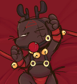 anthro ball_gag bdsm bed bedroom_eyes bell bondage bound clothing fake_antlers fake_horns furniture gag gagged lying male narrowed_eyes ribbons scar seductive solo thong underwear rabiesram cult_of_the_lamb massive_monster_(studio) ratau_(cult_of_the_lamb) mammal murid murine rat rodent hi_res