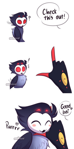 4_panel_comic beak black_body black_feathers blush blush_stickers chin_rest dialogue disembodied_hand duo empty_eyes exclamation_point eyes_closed feathers feral feral_focus feralized fluffy fluffy_chest good_boy grey_body grey_feathers happy looking_at_another looking_back looking_back_at_another male motion_lines purring question_mark red_eyes red_fingers simple_background solo_focus text turning_around white_background white_face norithelord hellaverse helluva_boss blitzo_(helluva_boss) stolas_(helluva_boss) avian bird imp owl owl_demon 2021 absurd_res artist_name comic english_text hi_res watermark