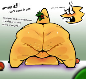 accidental_holly all_fours anthro belly big_breasts big_butt breast_squish breasts breasts_on_ground buckteeth butt cellulite christmas_decorations christmas_ornament dialogue embarrassed eyewear female genitals glasses holly_(plant) holly_on_tail huge_butt looking_away nude on_ground open_mouth ornament overweight overweight_anthro overweight_female plant rear_view scales short_tail shortstack solo squish tail talking_to_viewer teeth text thick_tail thick_thighs vulva yellow_body yellow_scales vyralewd undertale_(series) alphys lizard reptile scalie english_text hi_res