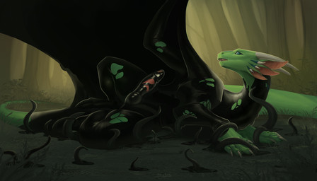 animal_genitalia black_latex blue_eyes blue_markings blue_membrane bound claws clothing ears_up erection fangs feral forest genitals glistening glistening_latex green_body hands_tied horn latex latex_clothing latex_tentacles leaking liquid_latex long_neck looking_aside looking_sideways lying male markings membrane_(anatomy) nature nature_background on_side open_mouth outside penis plant presenting presenting_penis scale_markings scales sex solo spikes spread_legs spreading surprised takeover teeth tentacle_sex tentacles toe_claws torn_clothing tree white_claws wings conditional_dnp ztalex mythology dracix dragon goo_creature living_latex mythological_creature mythological_scalie scalie 7:4 absurd_res hi_res