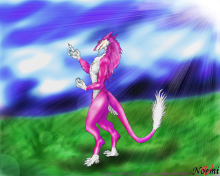 4_fingers 4_toes anthro biped claws day digitigrade feet fingers fur grass hair lens_flare long_tail looking_aside looking_at_viewer male nude outside pink_body pink_fur pink_hair plant side_view simple_background sky solo standing sun tail tail_tuft toes tuft white_body white_fur mammal sergal 2016 5:4