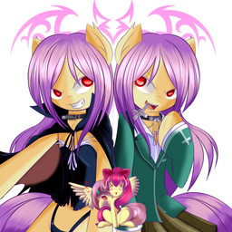 big_teeth duo female parody semi-anthro xxangeluciferxx friendship_is_magic hasbro my_little_pony rosario_+_vampire apple_bloom_(mlp) flutterbat_(mlp) fluttershy_(mlp) bat_pony earth_pony equid equine horse humanoid mammal pony vampire 1:1 2016 hi_res