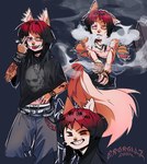 anthro bong bottomwear breasts butt clothed clothing drugs ear_piercing fingers fur group hair male marijuana nipples open_mouth piercing simple_background smile smoke smoking smoking_bong smoking_marijuana solo tail text topwear trio rottenrollz mikah_miller_(character) domestic_cat felid feline felis hybrid mammal procyonid raccoon digital_drawing_(artwork) digital_media_(artwork) english_text hi_res