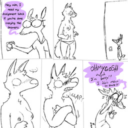 2_horns 3_fingers 5_panel_comic anthro apology blush blush_lines blushing_profusely bodily_fluids braces breasts clenched_teeth clothed clothed_anthro clothed_male clothing collared_shirt color_coded color_coded_speech_bubble covering covering_breasts dialogue door duo ellipsis embarrassed exclamation_point eyewear female fingers fully_clothed fully_clothed_anthro fully_clothed_male glasses head_tuft hooved_fingers hooves horn male navel nipples onomatopoeia open_door open_mouth panties panties_only pointy_speech_bubble round_glasses scut_tail shirt short_tail sound_effects speech_bubble standing sweat sweatdrop tail teeth text topless topwear tuft underwear underwear_only the_weaver pack_street betty_(weaver) unnamed_character antelope bovid canid canine canis dik-dik mammal true_antelope wolf 1:1 2026 comic english_description english_text hi_res spot_color